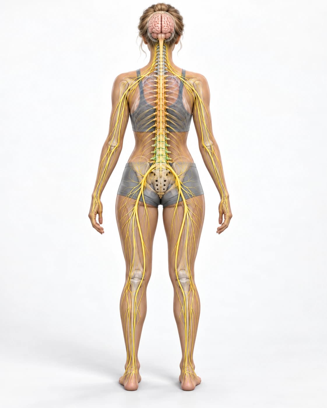 Illustration of a woman, back view, showing the brain, spine, and major nerves