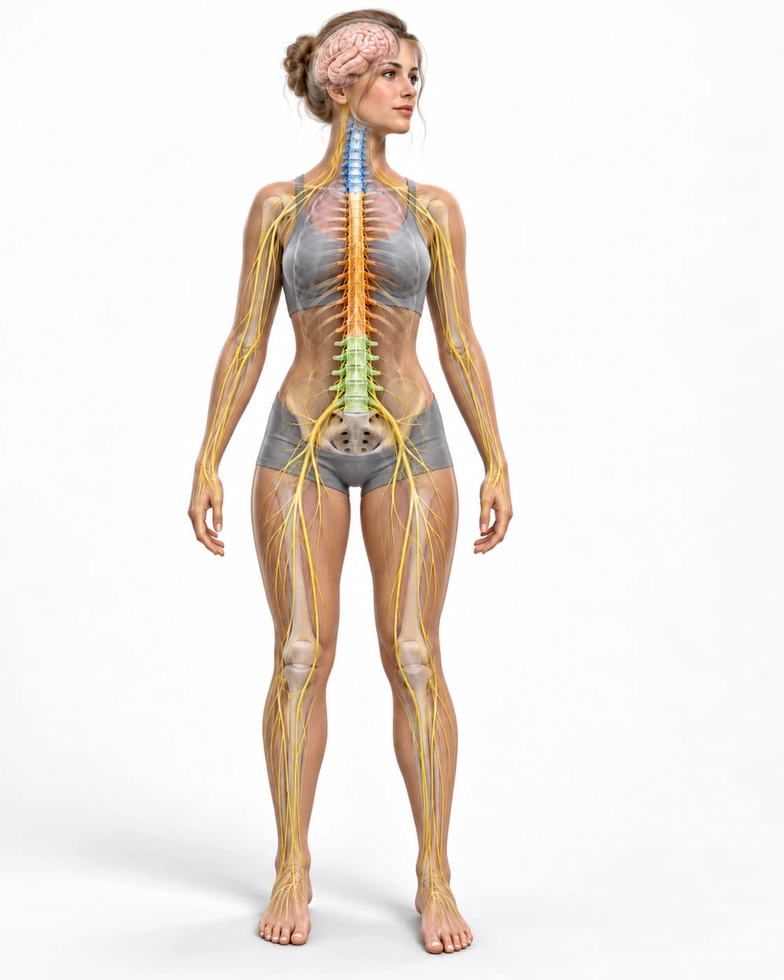 Illustration of a woman, front view, showing the brain, spinal cord, and major nerves