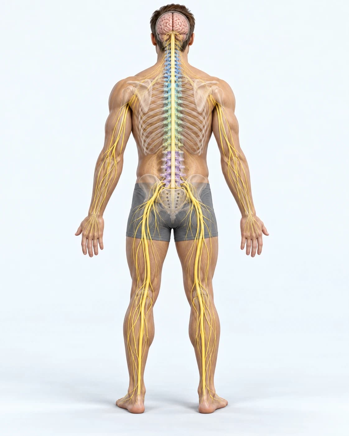 Illustration of a man, back view, showing the brain, spine, and major nerves