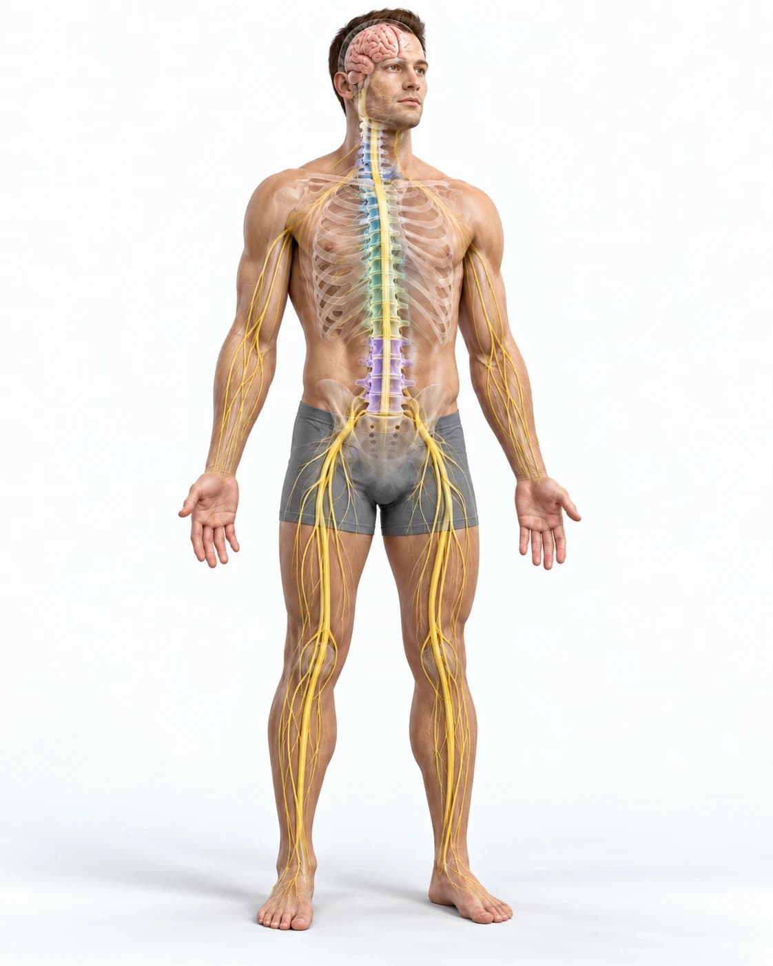 Illustration of a man, front view, showing the brain, spinal cord, and major nerves
