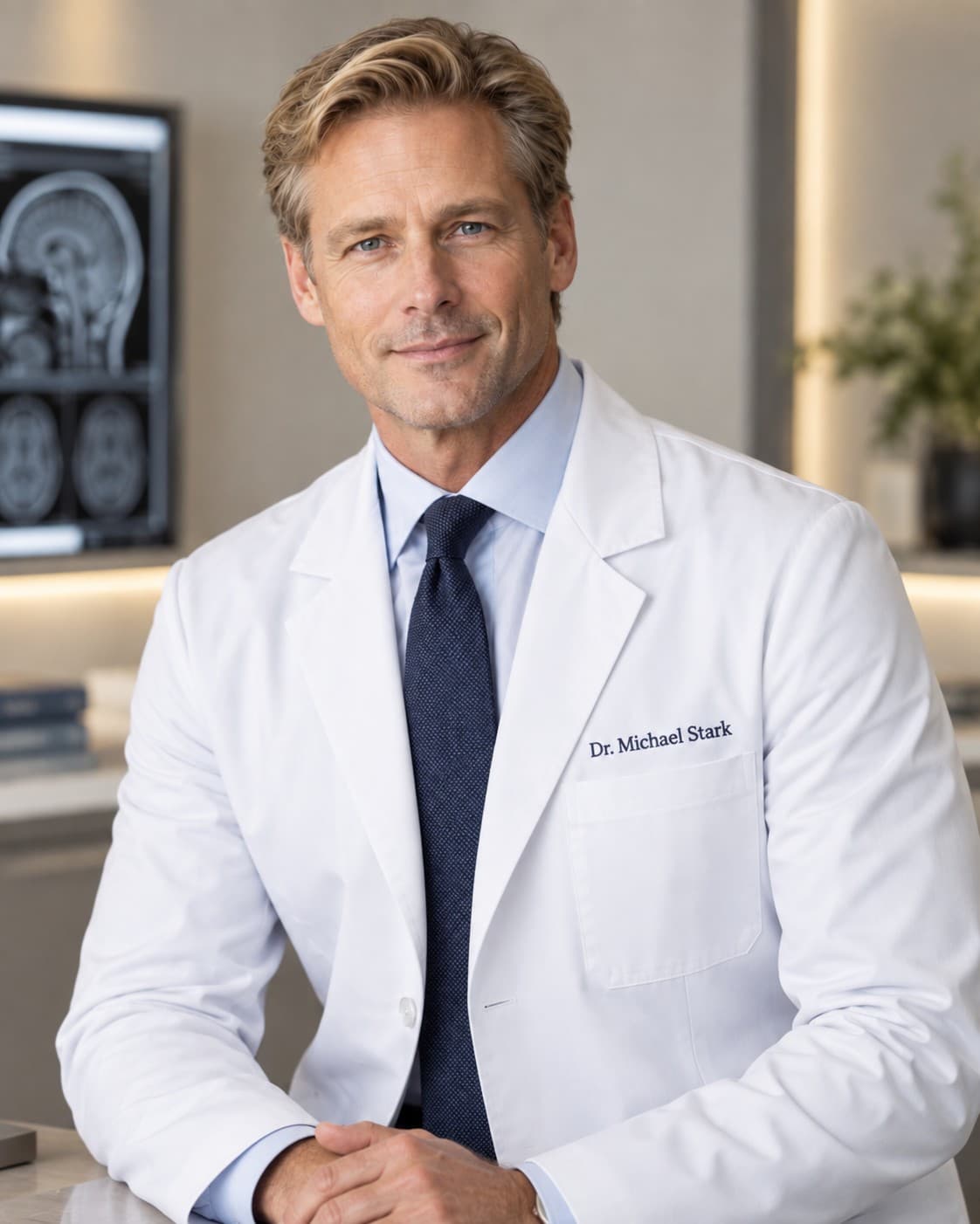 Dr. Michael Stark, a fictional neurosurgeon, in a white coat